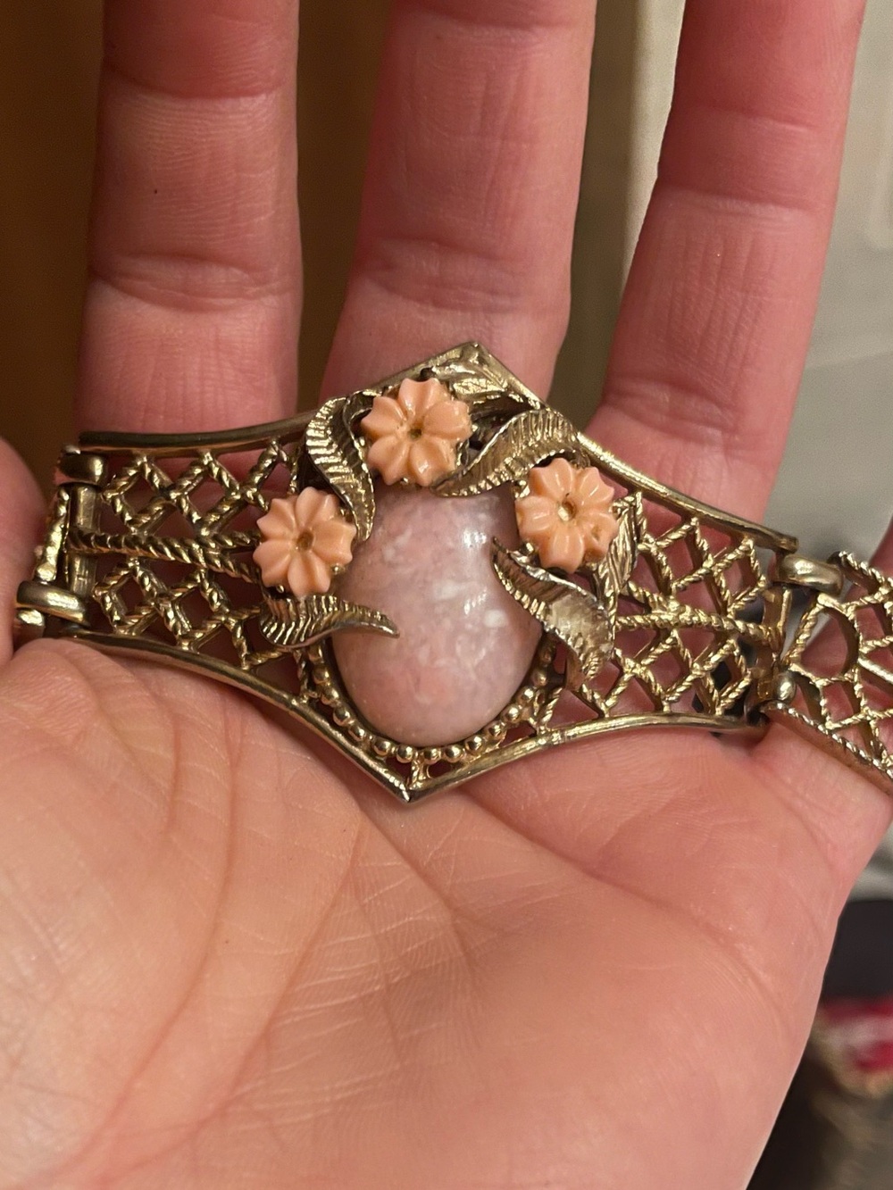Vintage Handcrafted Gold-Tone Bracelet with Pink Cameo and Coral Flower Accents